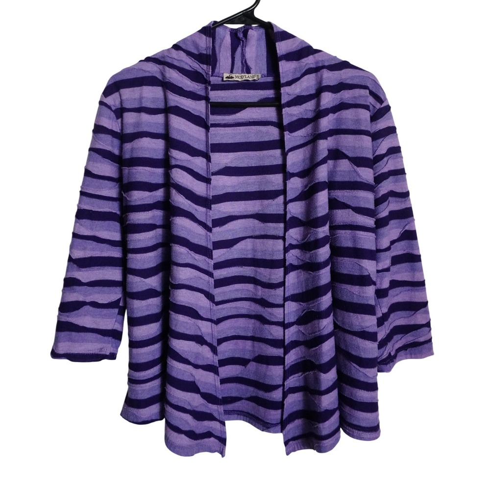 Mod'Land Paris Cardigan MP Artsy Texture Wave Stripe Purple Open Front Lagenlook